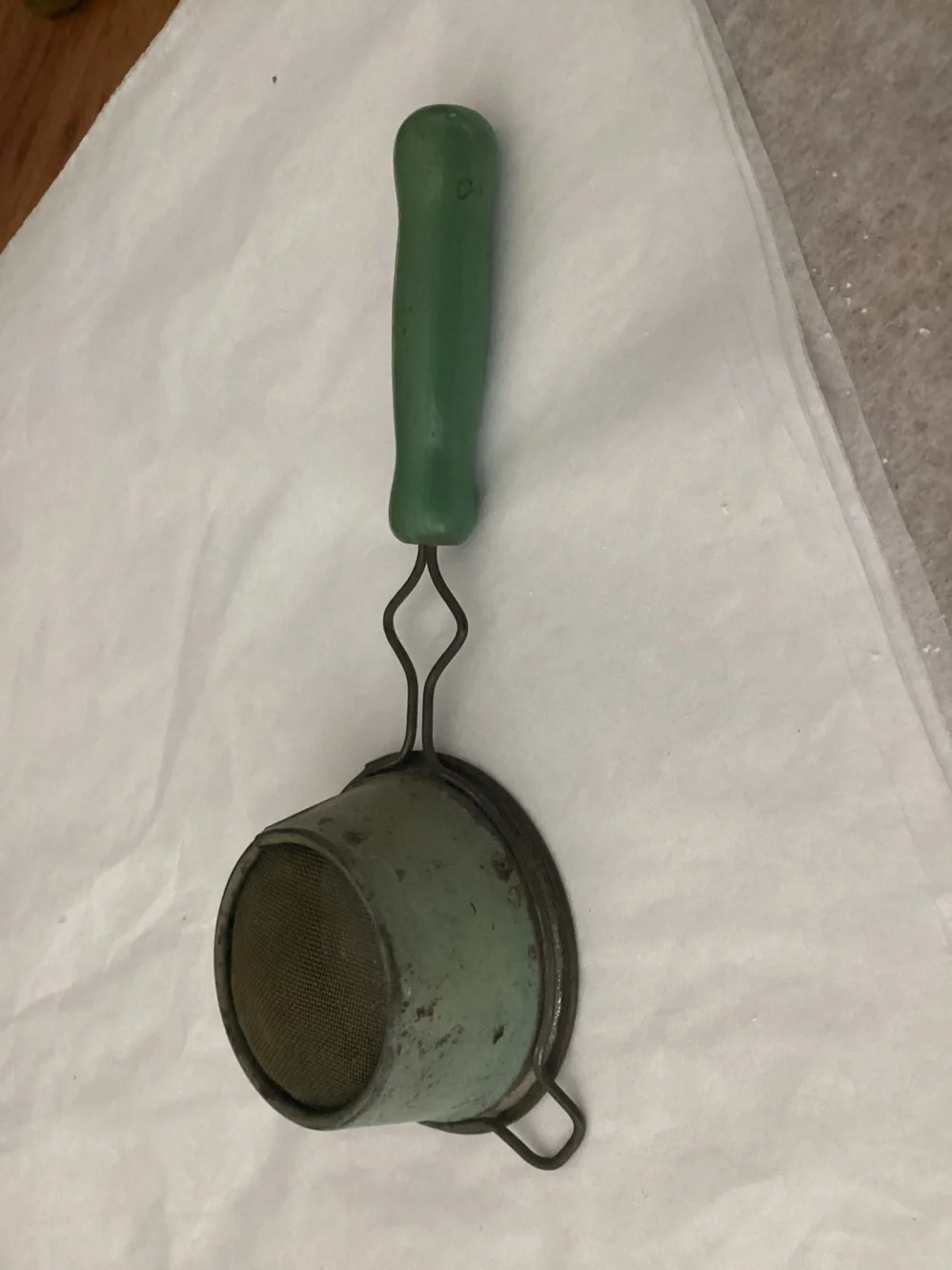 Antique Continental Gem Company, Kitchen Strainer painted green wooden handle